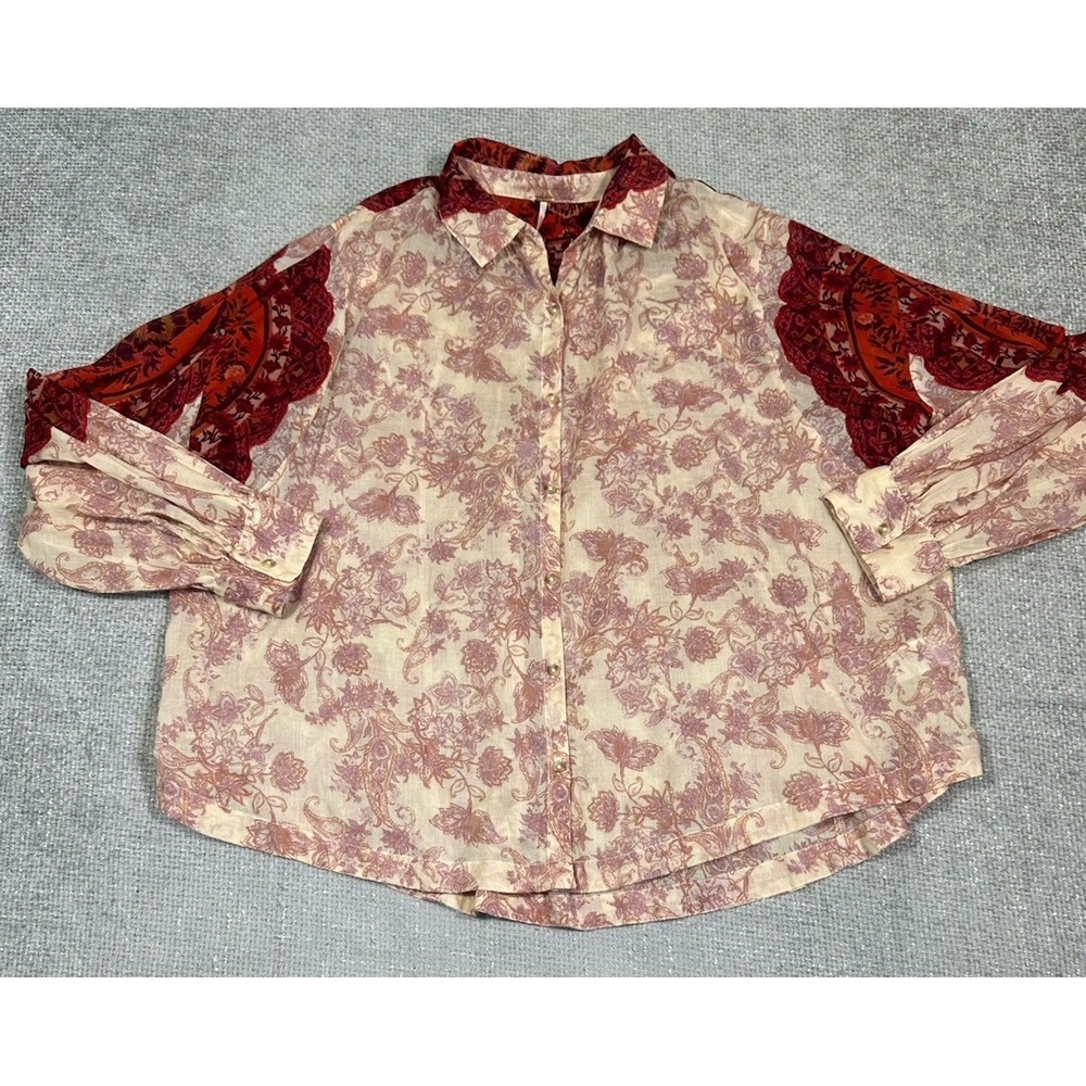 Free People Top Womens Medium Rose Bud Blouse Voile Floral Boho Lightweight - Picture 3 of 11